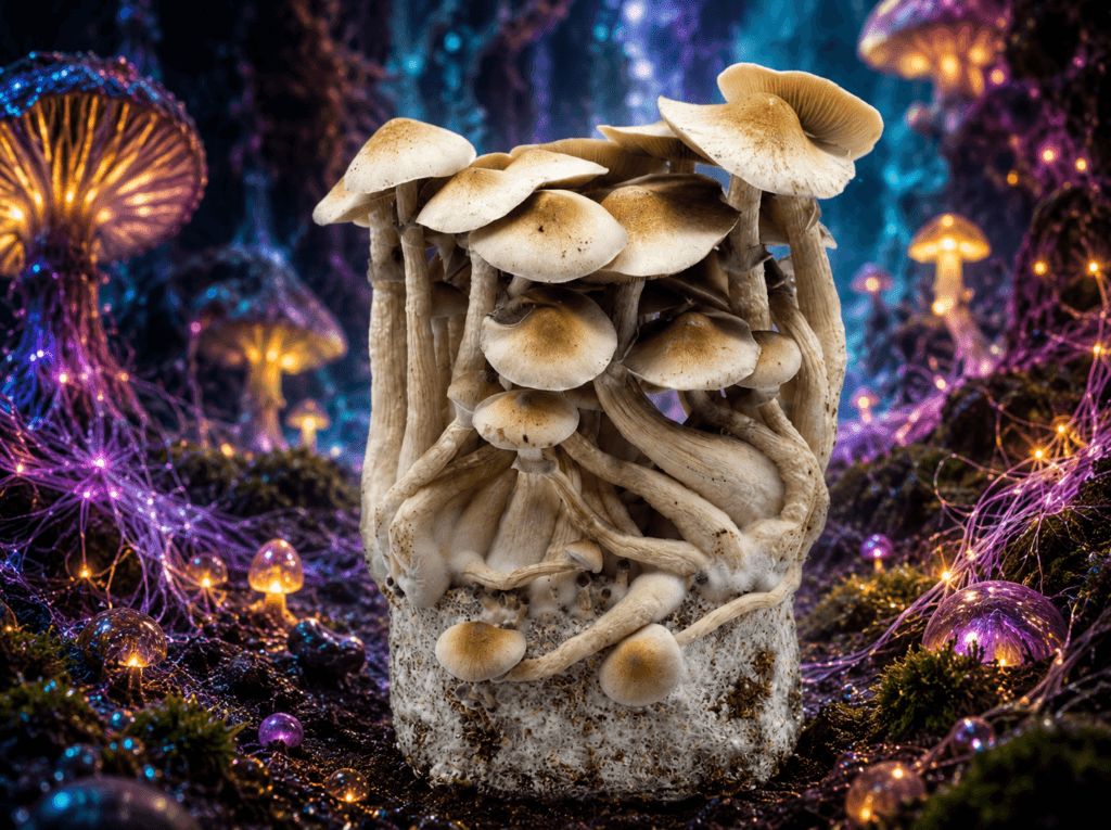 Uma comparação lado a lado entre um cogumelo «Golden Teacher» normal e o enorme «Cascadian Teacher», geneticamente isolado, que cresce num saco estéril.