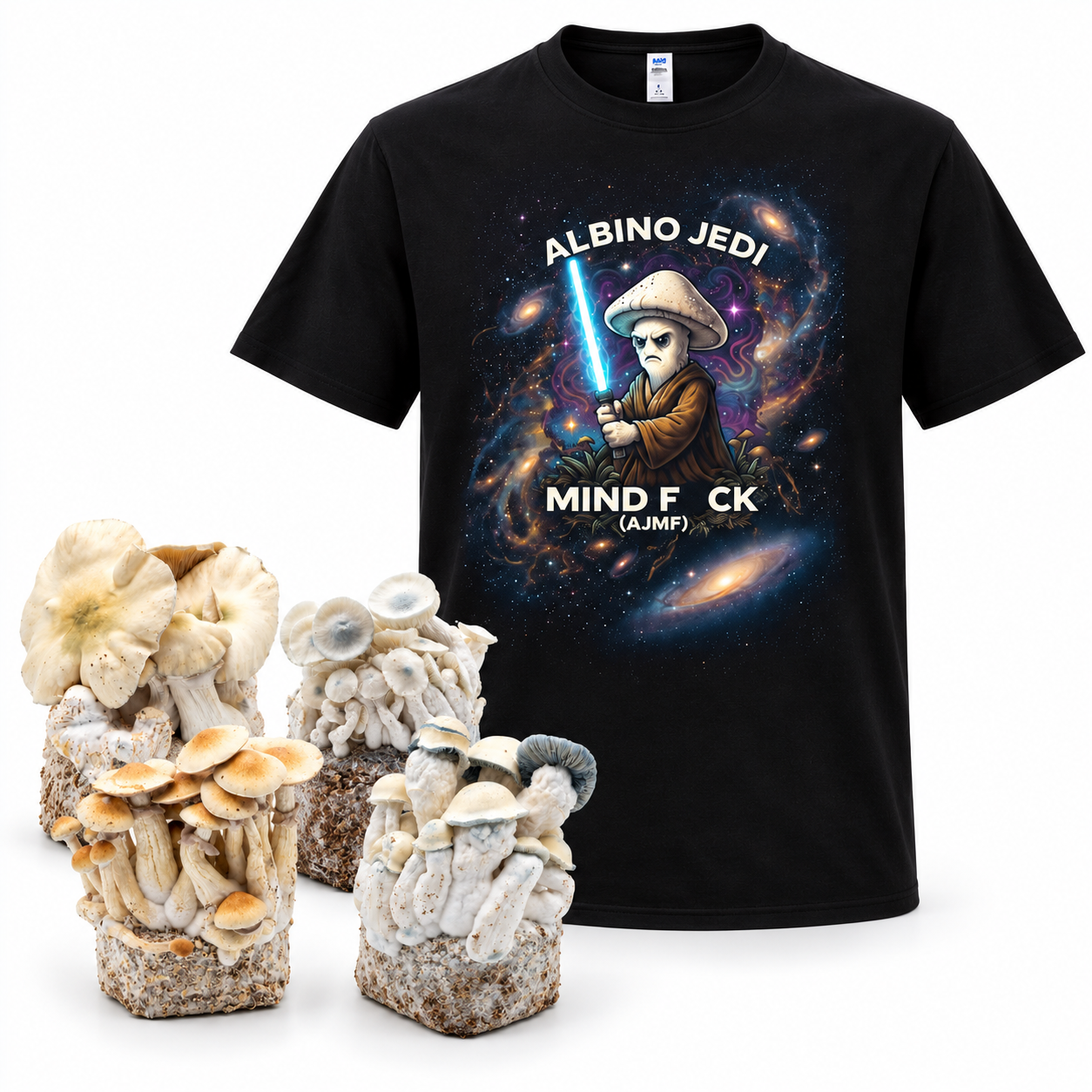 Mycological study kit with four psilocybe cubensis MycoBag grow kits and the Albino Jedi Mind Fuck T-shirt